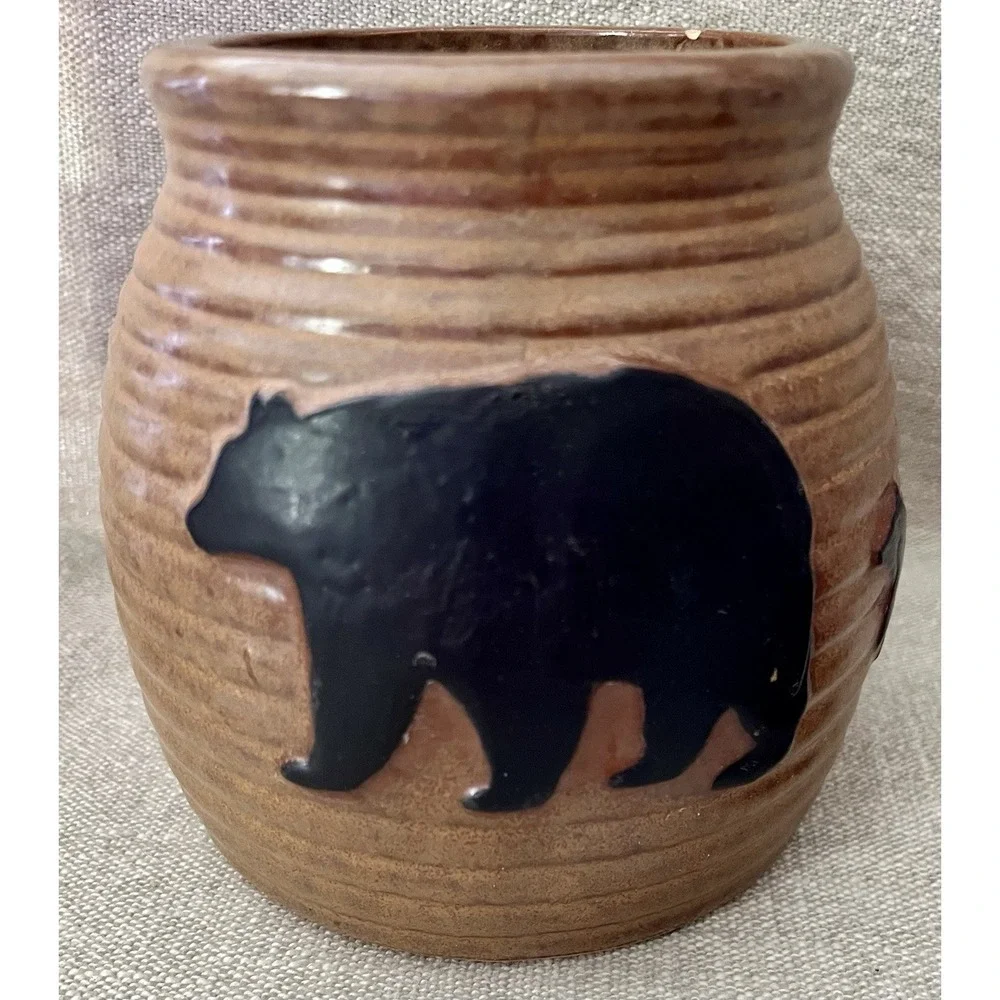 Rustic Bear Stoneware Pottery Lidded Kitchen Canister Brown & Black Cabin Lodge